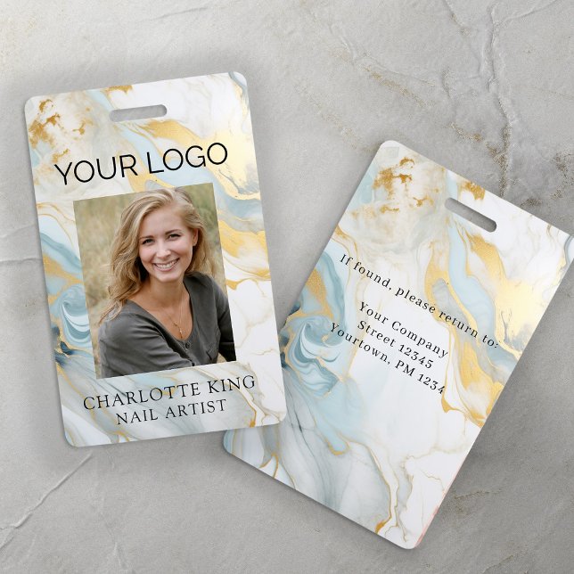 Marble Gold Blue Employee Logo Photo ID Badge (Creator Uploaded)