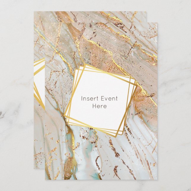 Marble gold blue orange agate geometric frame invitation (Front/Back)