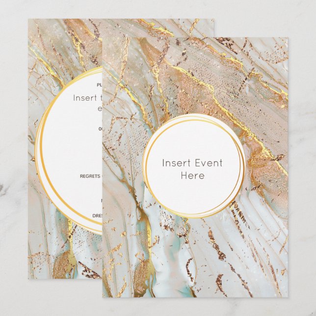 Marble gold blue orange agate geometric round invitation (Front/Back)