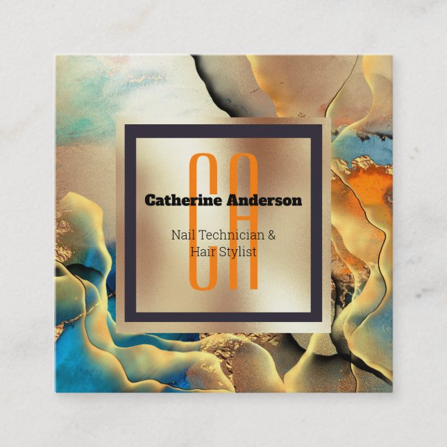 Marble gold blue orange ink smoke monogram square square business card (Front)