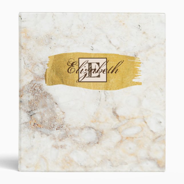 Marble,Gold Brush Stroke, Monogram -Personalized 3 Ring Binder (Front)