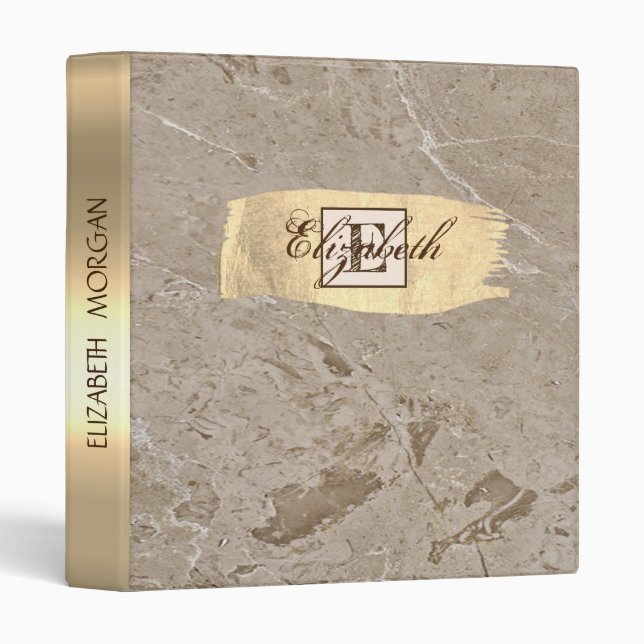 Marble,Gold Brush Stroke, Monogram -Personalized 3 Ring Binder (Front/Spine)