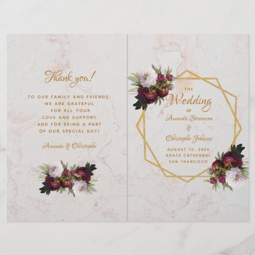 Marble Gold Burgundy White Peonies Wedding Program