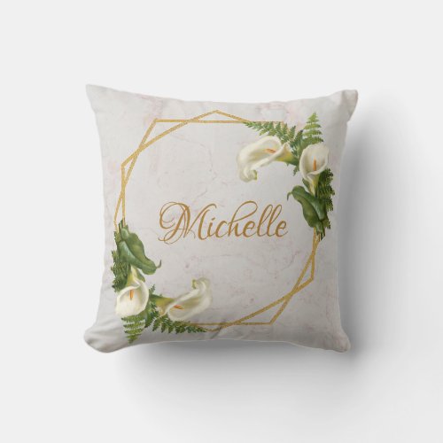 Marble Gold Calla Lilies Floral Geometric Name Throw Pillow