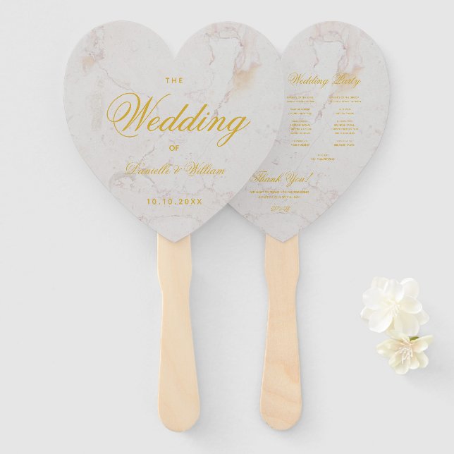 Marble Gold Calligraphy Heart Wedding Program Hand Fan (Front and Back)