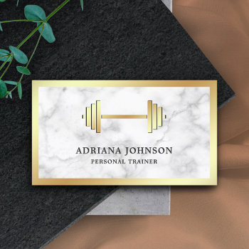 Marble Gold Dumbbell Fitness Personal Trainer Business Card by ShabzDesigns at Zazzle