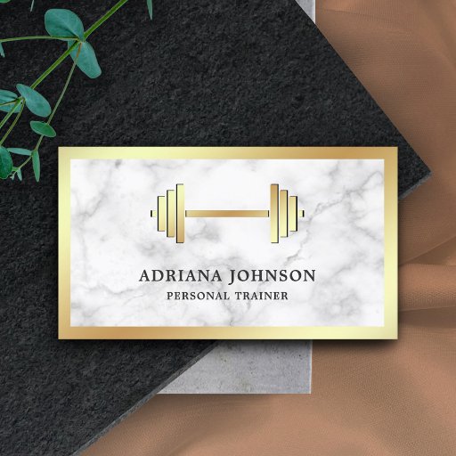 Customizable Marble Gold Dumbbell Fitness Personal Trainer Business Card