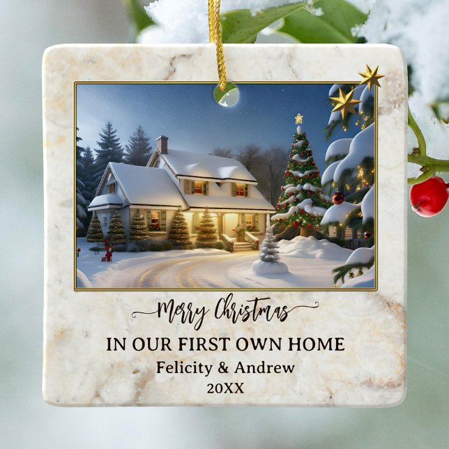 Marble Gold First Own Home Photo Ceramic Ornament (Christmas ornament featuring your custom photos framed by a chic marble design with golden stars)