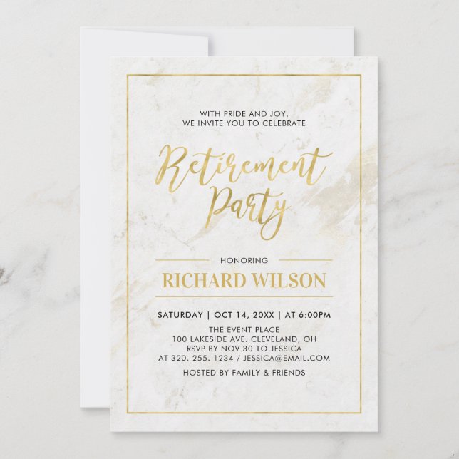 Marble & Gold Frame | Modern Retirement Party Invitation (Front)