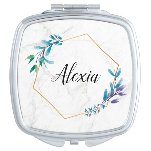 marble gold geometric floral foliage custom name compact mirror