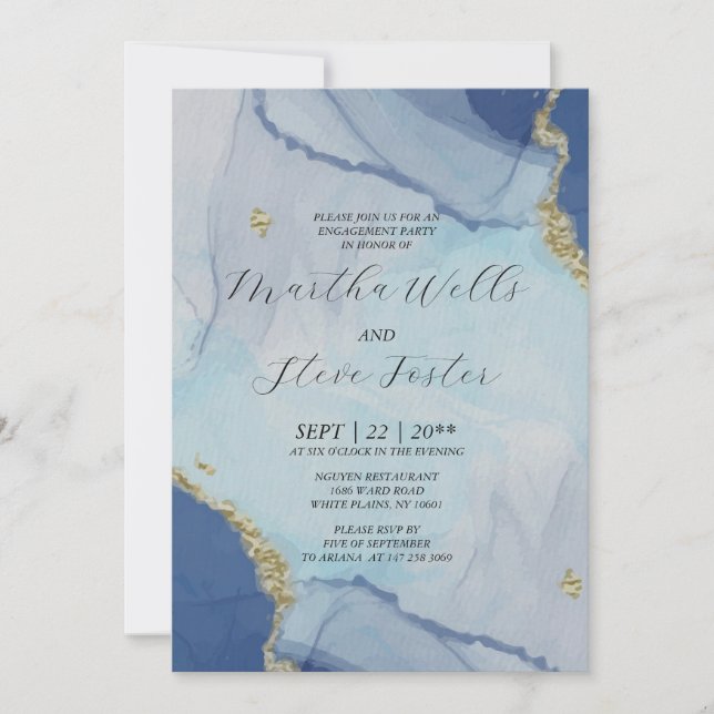 Marble Gold Glitter / Dusty Blue Engagement party  Invitation (Front)