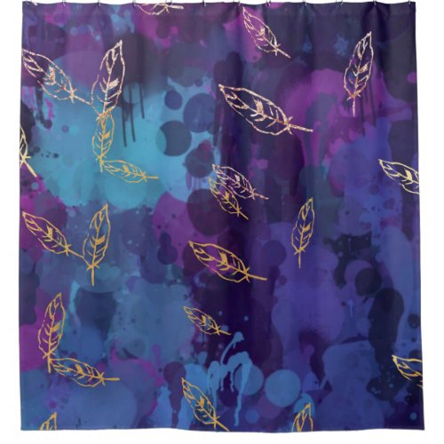 marble gold leafs indigovioletpurplebluepink shower curtain