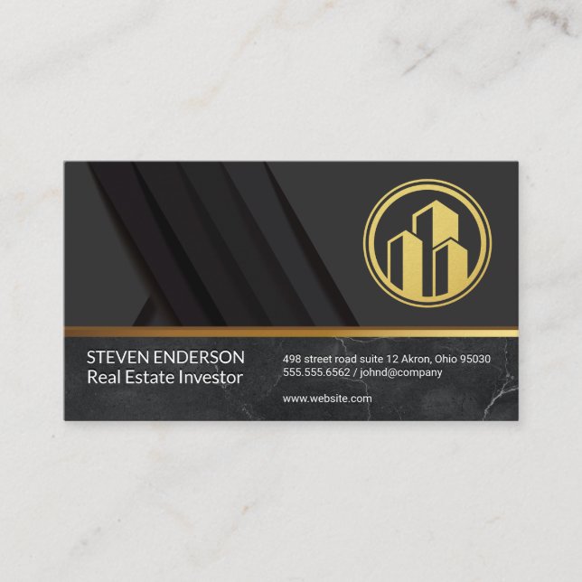 Marble | Gold Metallic Trim | Black Panels Business Card (Front)