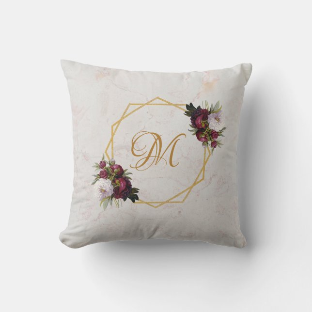 Marble Gold Monogram Burgundy Peonies Geometric Throw Pillow (Front)