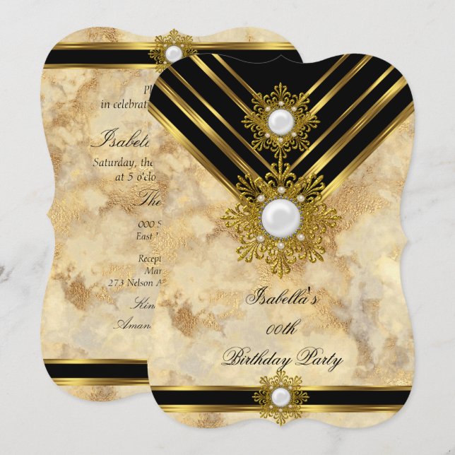 Marble Gold Pearl Beige Black Birthday Party Invitation (Front/Back)