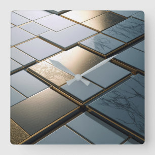 Marble Gold Tiles Luxury Geometry Square Wall Clock