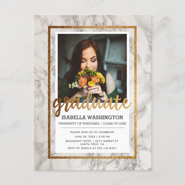 Marble & Gold Typography Photo Graduation Party Invitation Postcard (Front)
