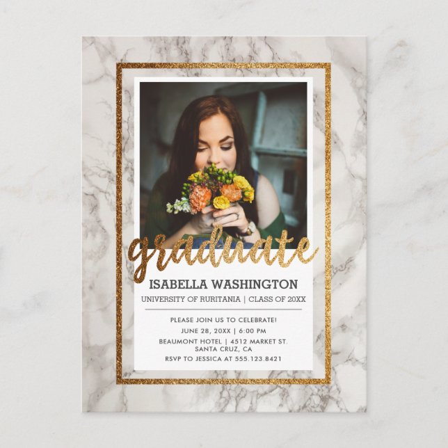 Marble & Gold Typography Photo Graduation Party Invitation Postcard (Front)