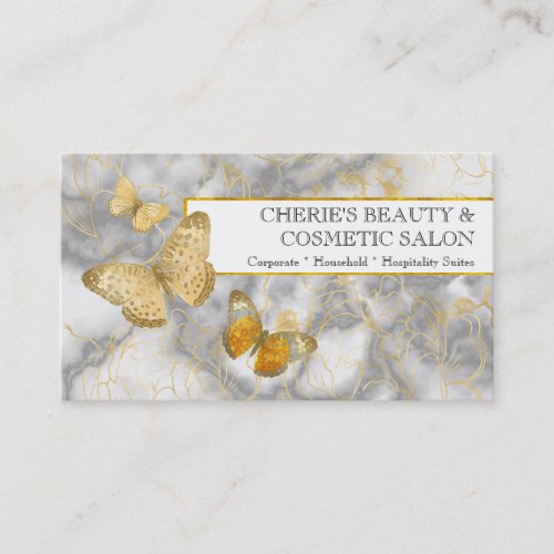 Marble gold white floral butterfly beauty makeup business card