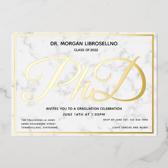 Marble Gold White PhD Graduation Foil Invitation (Front)