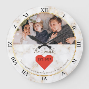 Marble Golden Red Heart Est Family Personalized Large Clock