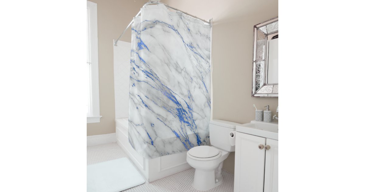 Marble Gray Carrara White Blue Marine, Blue Abstract Shower Curtain