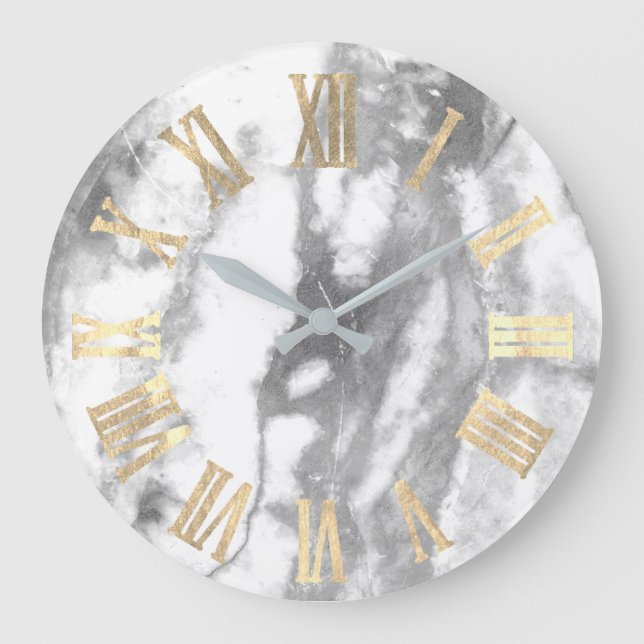 Marble Gray Faux Silver Metal Stone Roman Numbers Large Clock (Front)
