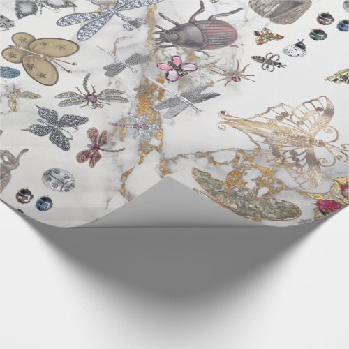 Marble Gray Gold  Meadow Butterfly Insects Gem Wrapping Paper