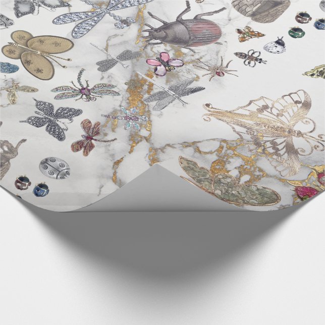 Marble Gray Gold  Meadow Butterfly Insects Gem Wrapping Paper (Corner)