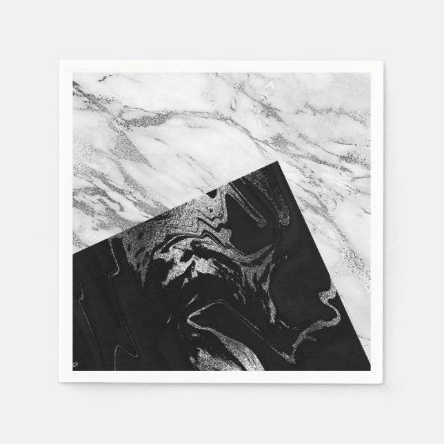 Marble Gray Silver Abstract Geometric Black White Napkins (Front)