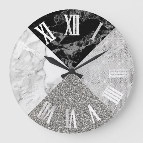 Marble Gray Silver Glitter Geometry Roman Numbers Large Clock