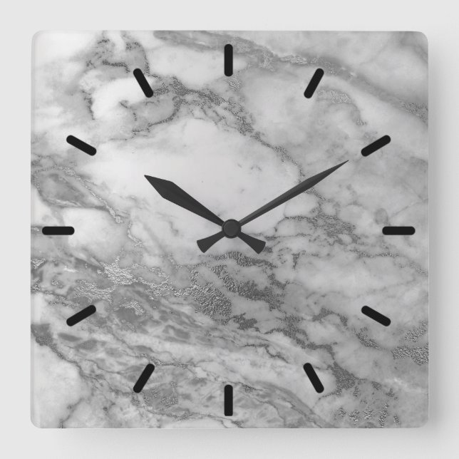 Marble Gray Silver Graphite Carrara Minimal Black1 Square Wall Clock (Front)