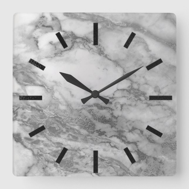 Marble Gray Silver Graphite Carrara Minimal Black Square Wall Clock (Front)