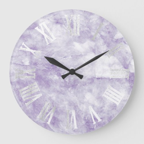 Marble Gray Silver Purple Amethyst Roman Numbers Large Clock