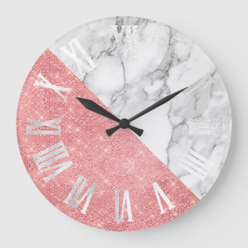 Marble Gray Silver Rose Geometry Roman Numbers Large Clock