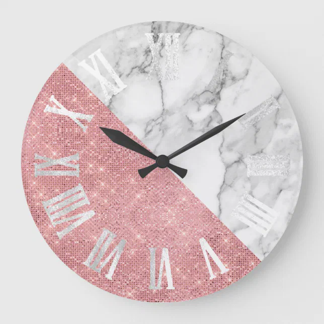 Marble Gray Silver Rose Geometry Roman Numbers Large Clock | Zazzle