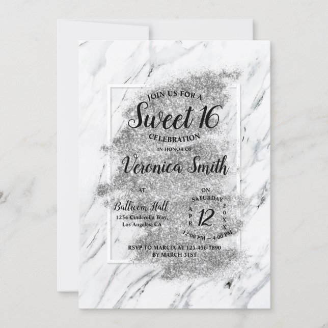 Marble Grayscale Sweet 16 Invitation (Front)