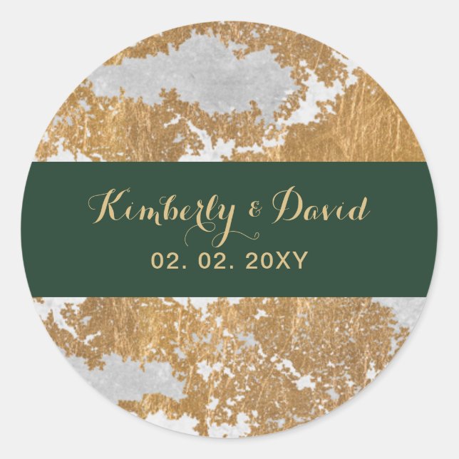 Marble Green and Gold Wedding Classic Round Sticker (Front)