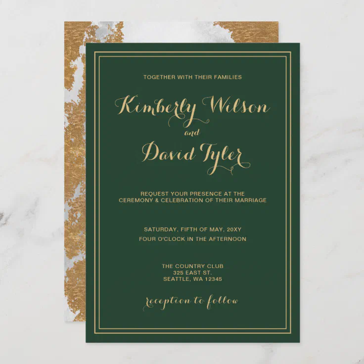 Marble Green and Gold Wedding Invitation | Zazzle