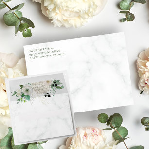 Marble & Green Flower Bouquet Wedding Envelope