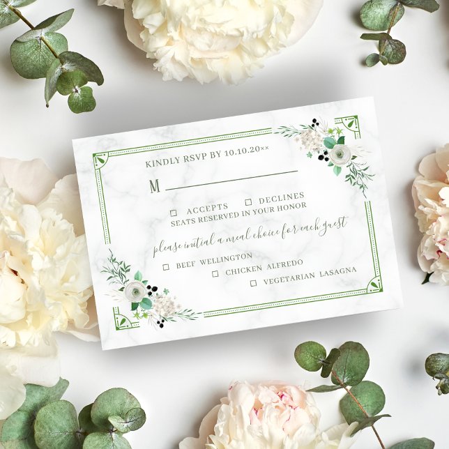 Marble & Green Flower Three Meal Choice Rsvp Card (Creator Uploaded)