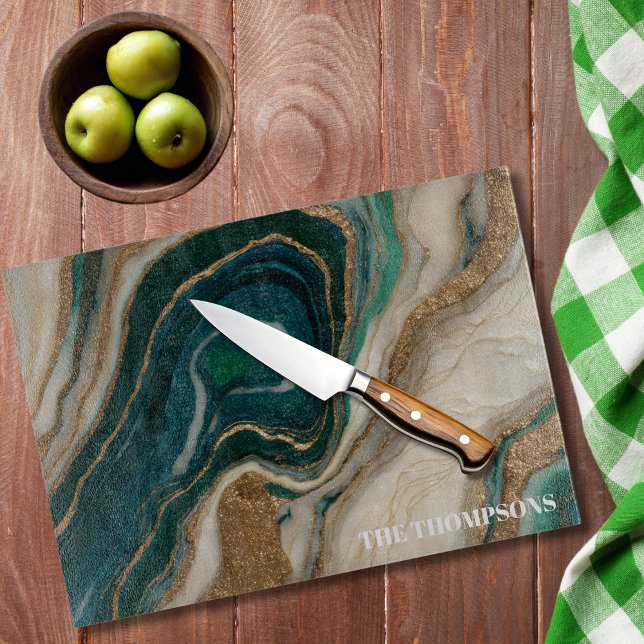 Marble Green Gold Glitter Elegant Personalized  Cutting Board (Creator Uploaded)