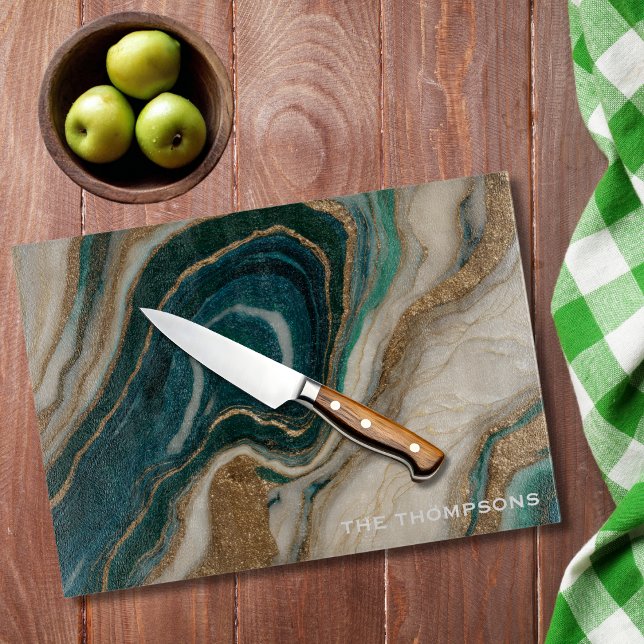 Marble Green Gold Glitter Elegant Personalized  Cutting Board (Creator Uploaded)