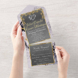 Marble & Grey, Gold Frame, Silver Heart All In One Invitation
