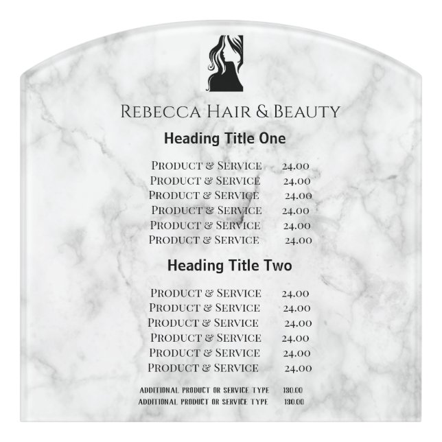 Marble Hair Beauty Salon Pricing & Services Plaque Door Sign (Contour Front)