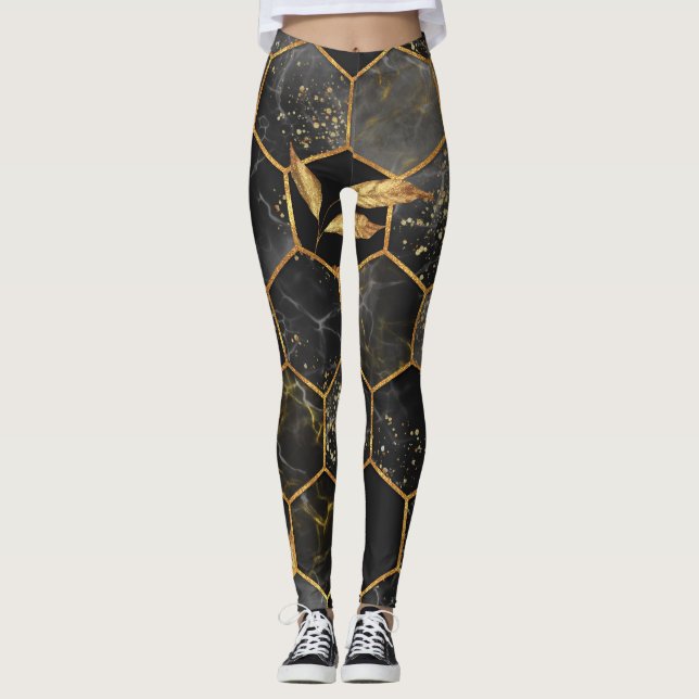 Marble Hexagon, Golden Leaves Texture. Leggings (Front)