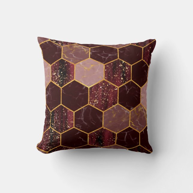 Marble hexagon seamless texture with gold throw pillow (Front)