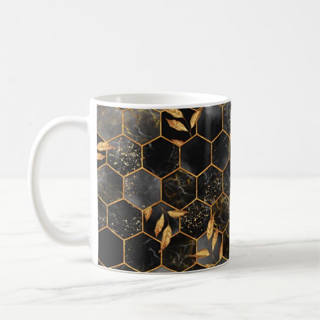 Marble hexagon seamless texture with golden leaves coffee mug (Left)