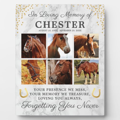 Marble Horse Remembrance Photo Collage Plaque - Personalized horse photo plaque featuring 6 precious pictures of your beloved pet animal, a modern marble background, gold horseshoes & glitter, the text "in loving memory of", your horses name, birth/death dates, and the sympathy quote "your presence we miss, your memory we treasure, loving you always, forgetting you never".