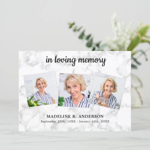 Marble In Loving Memory 3 Photo Sympathy Funeral Thank You Card - Modern Marble Sympathy 3 Photo Funeral Thank You Cards. These sympathy funeral cards feature a unique photo collage for 3 of your favorite photos, name and dates, on a white marble design. These memorial sympathy cards are perfect for funeral thank you cards, or celebration of life thank you cards.
  Personalize back with your message of thanks. COPYRIGHT © 2020 Judy Burrows, Black Dog Art - All Rights Reserved. Marble In Loving Memory 3 Photo Sympathy Funeral Thank You Card